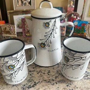 Frida Kahlo Unique Coffee Pot Kettle With Lid and 2 cups White Enamel Pre-loved